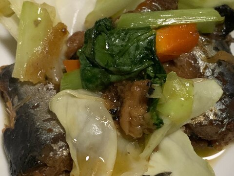 イワシ缶と小松菜、人参、キャベツの炒め物